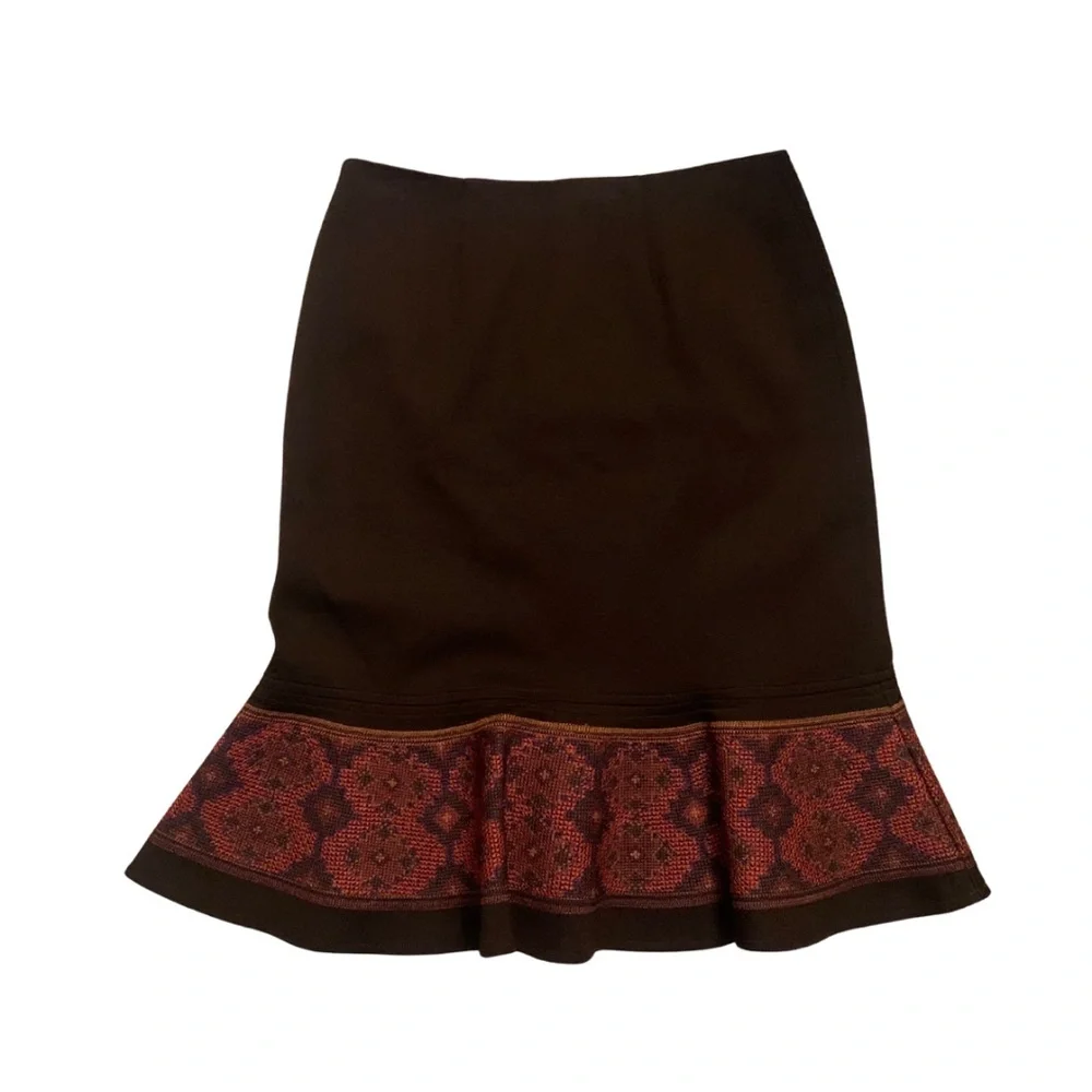 Kay Unger Chocolate Brown Red Floral Stitch Wool Midi Skirt 2 High Waist Retro